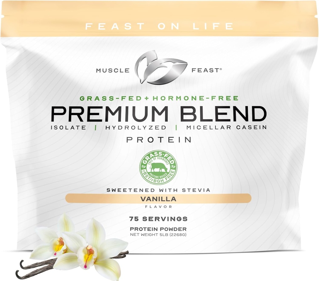 Lihasjuhlia Grass Fed Premium Blend Whey Protein, Hydrolysed Whey, Isolaatti, Micellar Casein, 21g proteiinia, 100 kaloria (Vanilla, 5lb)
