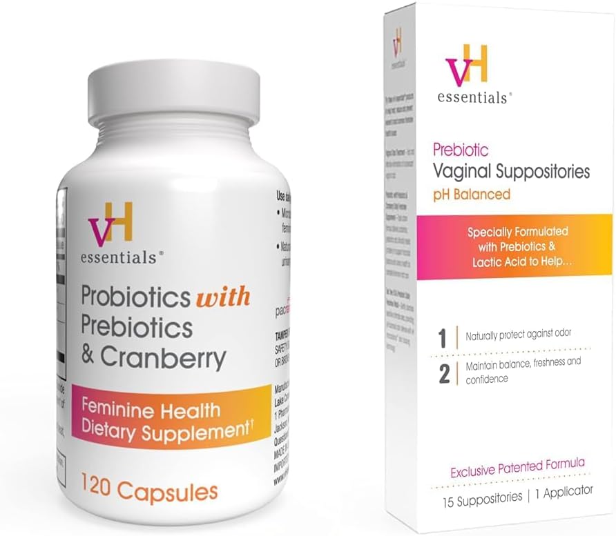 vH väsentliga Probiotika med prebiotika och Cranberry Feminine Health Supplement - 120 kapslar (544-36) & Prebiotic PH Balanced Vaginal SuppositoriesBox, Original Version, 15 Count