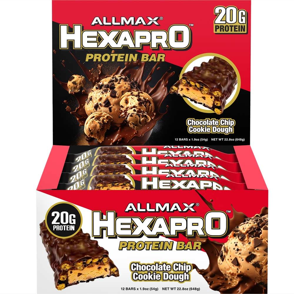 ALLMAX HEXAPROPROTEIN BAR, Chocolate Chip Cookie Dough - pakkaus 12 - Korkea-Protein Energy Snack - 20 g proteiinia per Bar - Whey Protein Isolate
