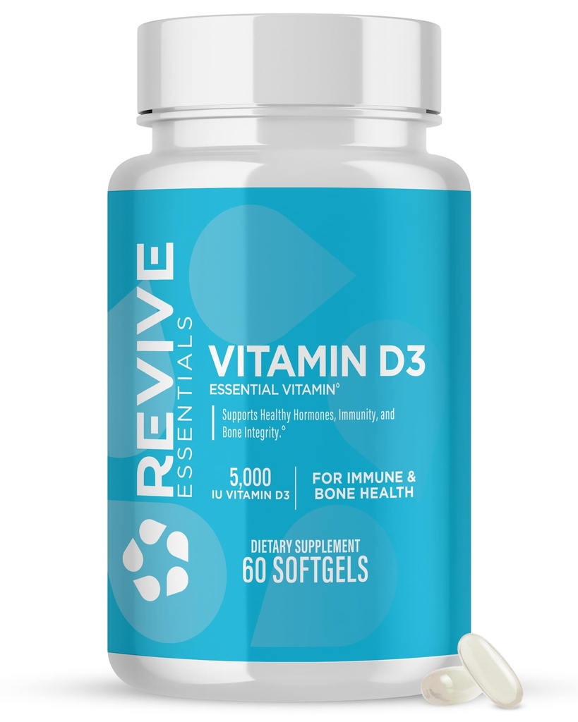 Revive MD Vitamin D3 Supplement, 5000 IE - High Potency Cholecalciferol för Immune Support, Calcium Absorption, Bone & Muscle Health - Non-GMO Dietary Supplement med inga fillers - 60 Softgels