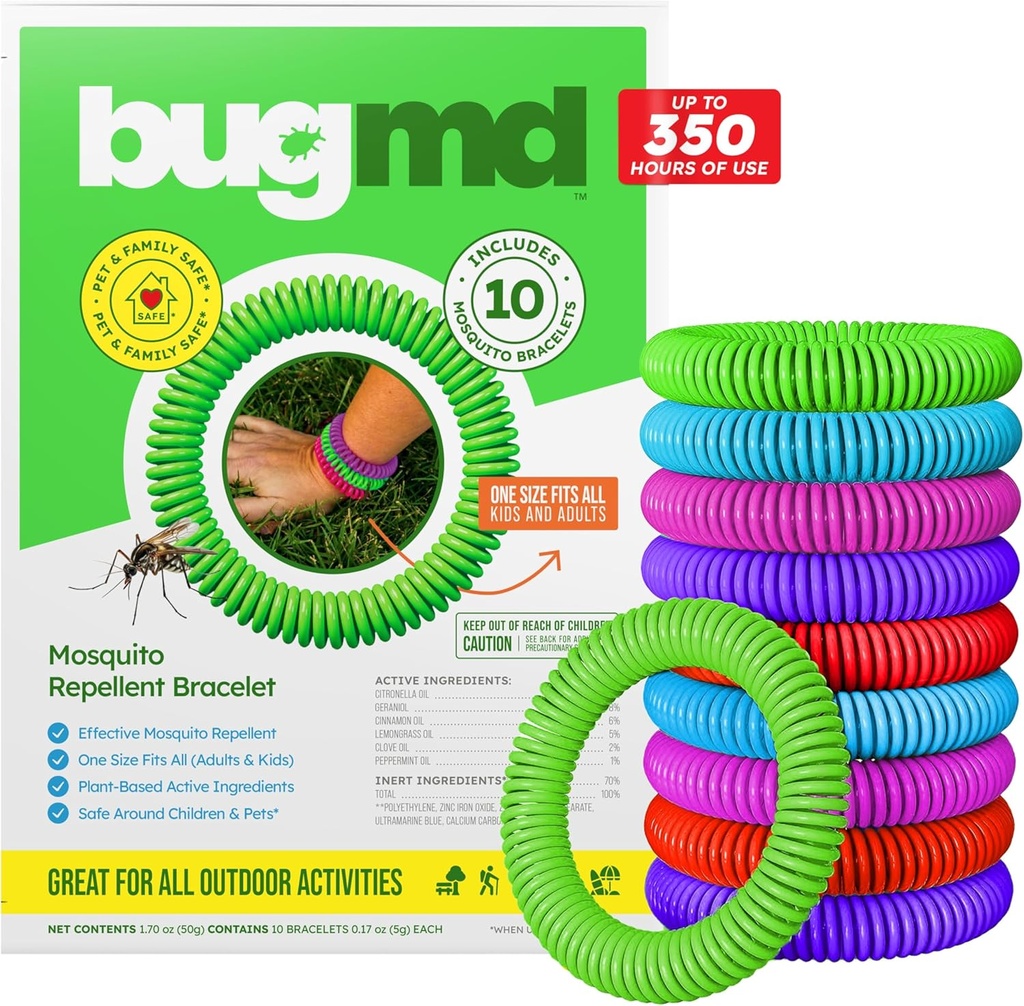 BugMD 10 Pack Mosquito rannekorut, DEET-vapaat bändit aikuisille & lapsille, Luonnollinen & vedenpitävä Citronella Rannekkeet telttailuun, vaellus, ranta, matkailu & ulkoilu Essentials