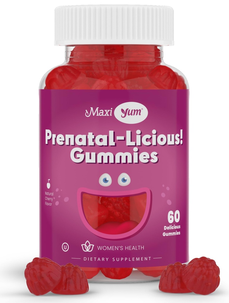 Maxi Health Women's Organic Prenatal Gummies - Kosher Cherry smaksatt Pre Natal Gummy - Prenatal Vitaminer för kvinnor med folsyra och järn för dödlig utveckling, 60 greve