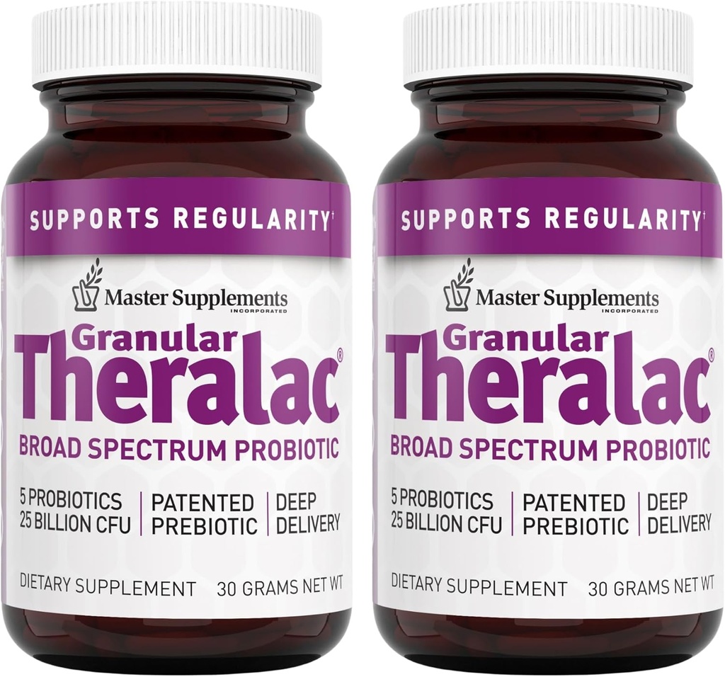 Master Supplements Granular Theralac - 1,05 oz, Pack of 2 - Multi-Strain Probiotic Powder för Optimal Gut Health - Perfekt för barn - Vegan, Gluten Free - 80 Total Servings