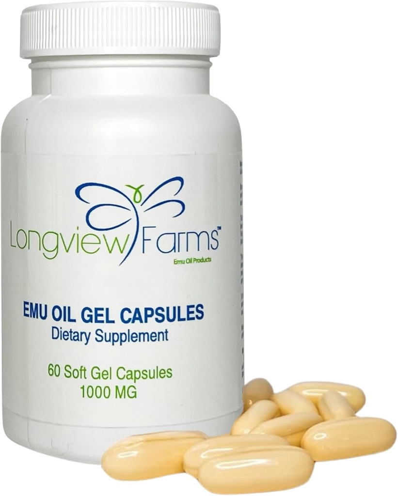Longview Farms® Emu Oil Gel Capsules | 100% Pure Emu Oil for Skin Health, Mobility och General Wellness | Natural Omega 3, 6, 9 och Essential Vitamins | 60 kapslar