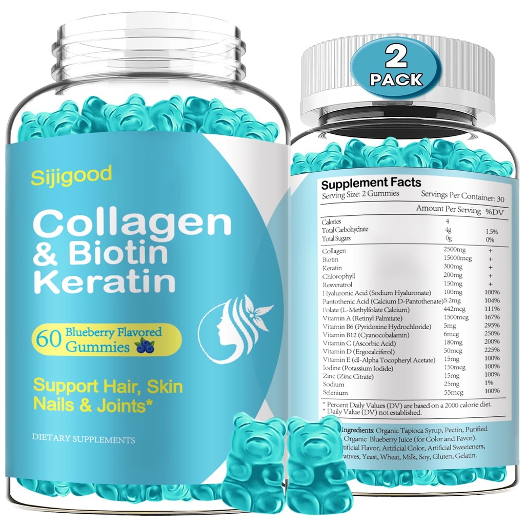 2 Pack Biotin Gummies Collagen, Keratiini, Hyaluronihappo, Vitamiini iholle, hiusten kasvua, kynnet, Naiset Miehet Aikuiset Lapset - Mustikka maku, 120 Gummy
