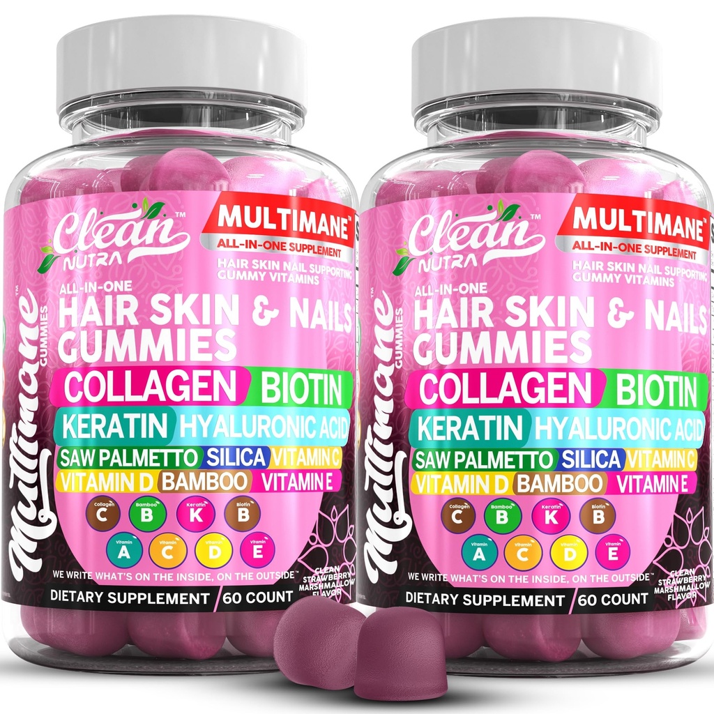 Multimane Collagen Gummies Biotin Keratin Hyaluronic Acid Bamboo C-vitamiini D-vitamiini E Folaatti Saw Palmetto Silica B3 Vitamiineja Hiusten iho ja kynnet Gummies by Clean Nutra