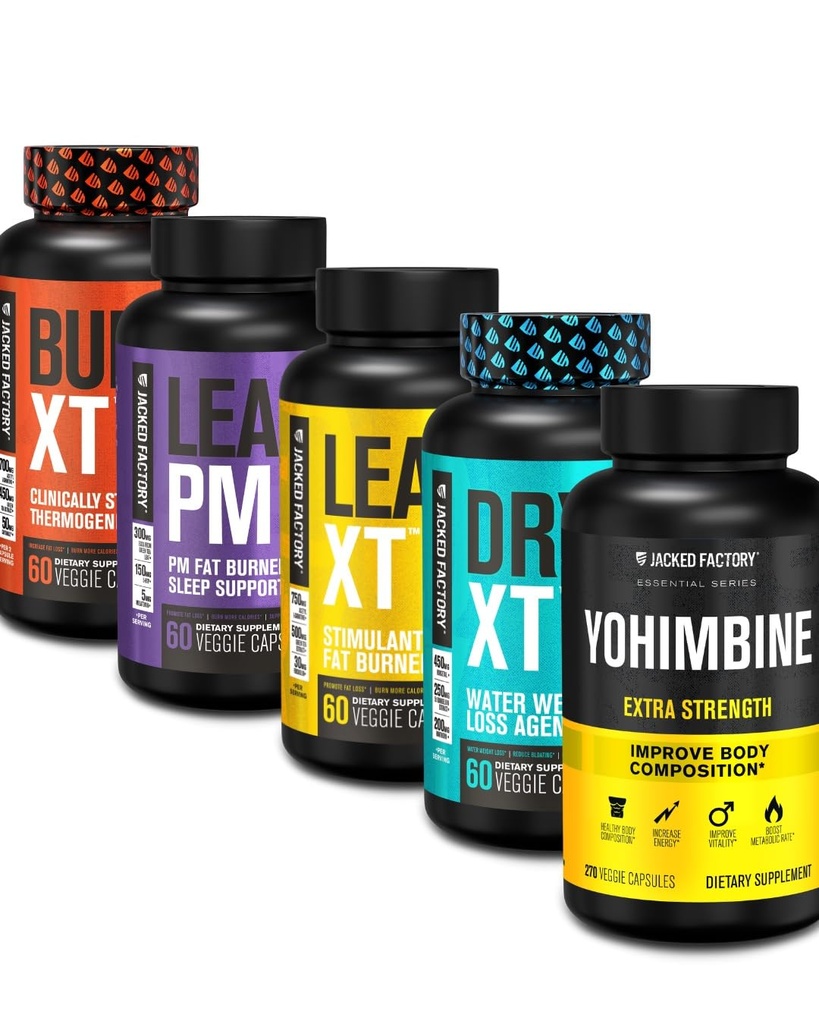 Jacked Factory Thermogenic Fat Burner Weight Loss Supplement - Burn-XT Thermogenic and Lean PM Nighttime Weight Loss Unece Aid - Lean-XT Comfeine-free Fat Burner, Yohimbine Capsules, Dry XT Diuretic