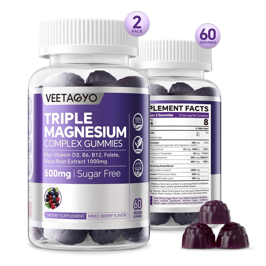 Magnesium Gummies 500mg 400mg | Hög Absorption, Ben, Nerves, Muscle | 3 Forms of Magnesium Complex Supplement Glycinate,Taurate,Malate | Vuxna - Vegan, Sugar Free,120Cts