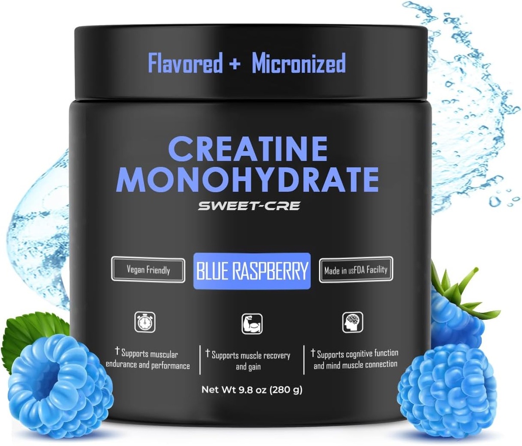 Kreatinmonohydrat - 5g Kreatinmonohydratpulver - Avancerad kreatin för kvinnor och män - Bulk Supplements Kreatin - Utsökt fruktpunch smak - 10oz (40 portioner, blå hallon)