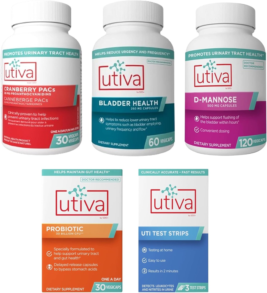 15% Bundle Utiva Cranberry PACs 30 Vegi Kapselit + Utiva Blackder Health 60 kapselit + Utiva D- Mannose 500 mg 120 kapselit + Utiva Probiootti 30 Viivästynyt Release Vegi kapselit + Utiva UTI Testiliuskat