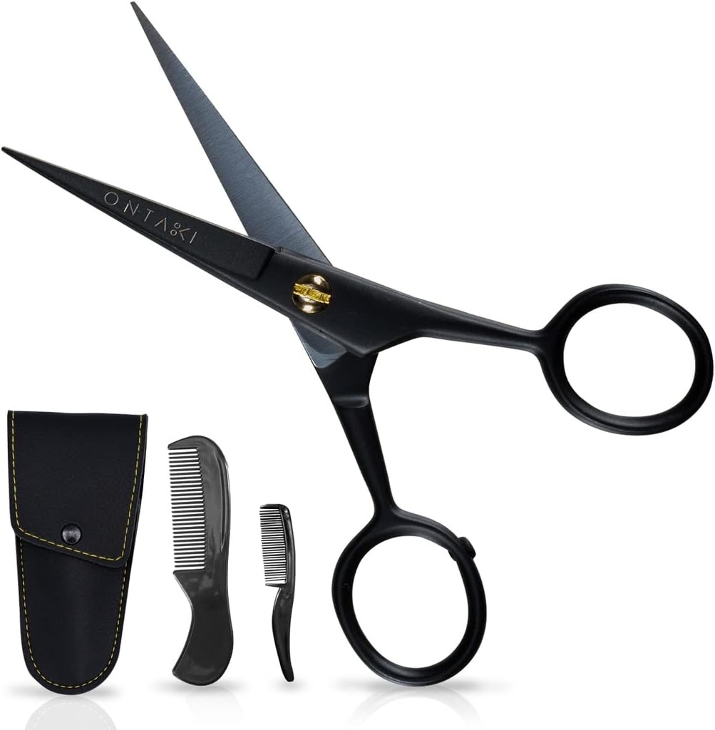 Ontaki Mustache Sakset miehille - 5-tuumainen, musta - Saksan High-Carbon Steel Bevel-Edge tarkkuutta - Parta Trimming sakset - Sisältää Grooming Kit viiksi & parta Combs & kantava pussi