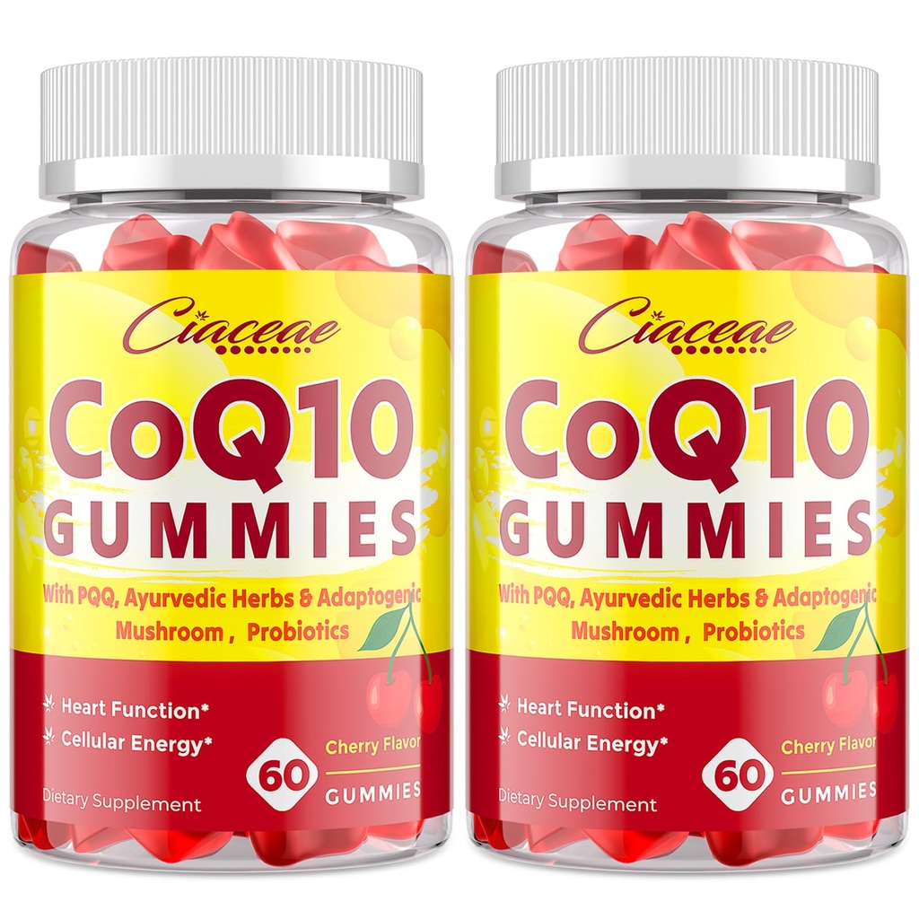 CoQ10 Gummies with PQQ - 400 MG Coenzyme Q10 High Potency, Enhanced with Ayurvedic Yrtit, Adaptogenic Mushroom Blend & Probiotics for Heart, Brain, Energy, Immuniteetti, Cherry Flavor, 120 Vegan Gummies