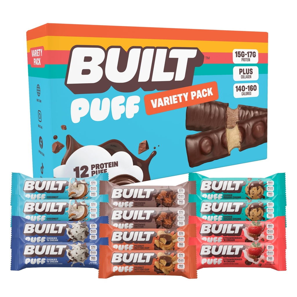 Byggd Bar, Puff Protein Bars, Variety Pack, Collagen, On-the-go Snacks, Breakfast Bar, Mixed Sampler, 12 Pack