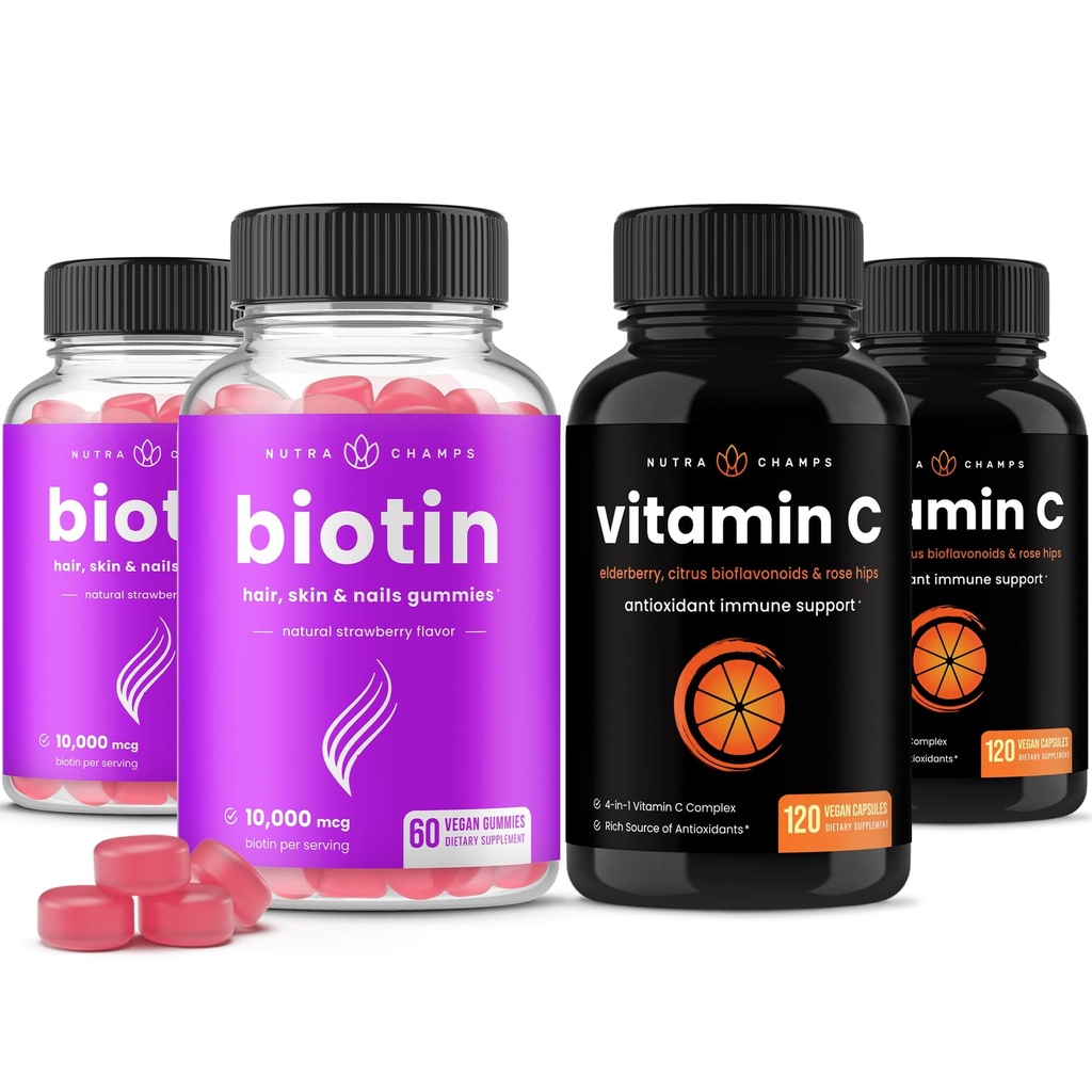 NutraChamps Biotin Gummies (2 pakkaus) ja C-vitamiinikapselit (2 pakkaus) 4 Pack Bundle