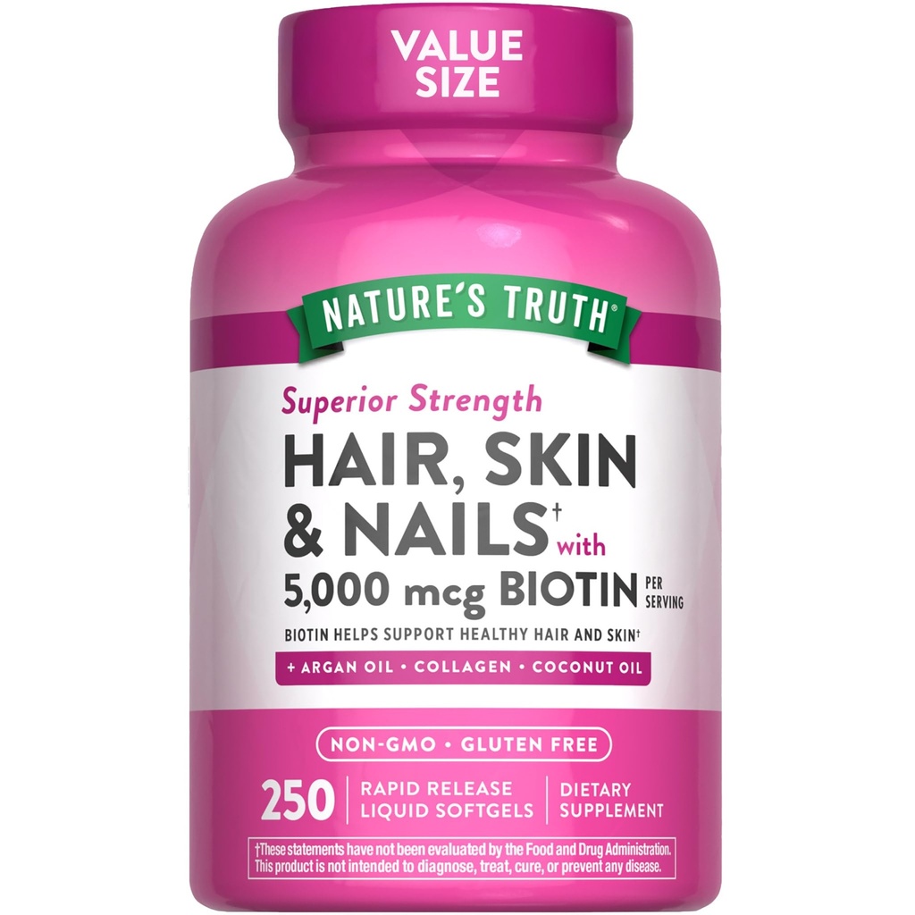 Naturens sanningshår, hud och naglar vitaminer | 5000mcg | 250 Softgels | Inkluderar Collagen, Biotin och kokosolja | Icke-GMO & Gluten fri tillägg för kvinnor och män