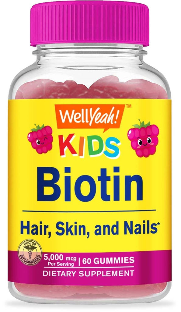 WellYeah Biotin Gummies lapsille 5000 mcg - Tukee hiusten kasvua, ihon terveyttä ja kynnet - Natural Sourced Flavors - GMO vapaa, Gluteeniton - Gummy pojille ja tytöille - 60 Count
