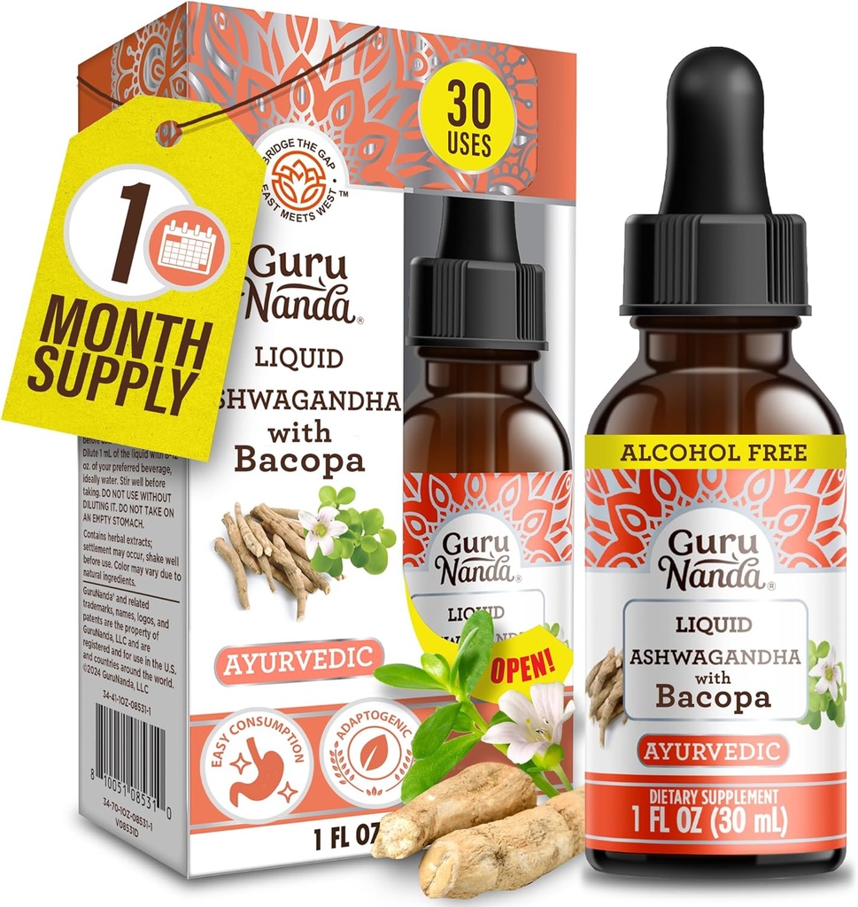 GuruNanda Liquid Ashwagandha with Bacopa (1 Fl Oz) - Natural Dietary Supplement- Liquid Extract Drops - miehille & naisille- Vegan & alkoholiton - Aids in Immune, Focus & Rentoutus tuki