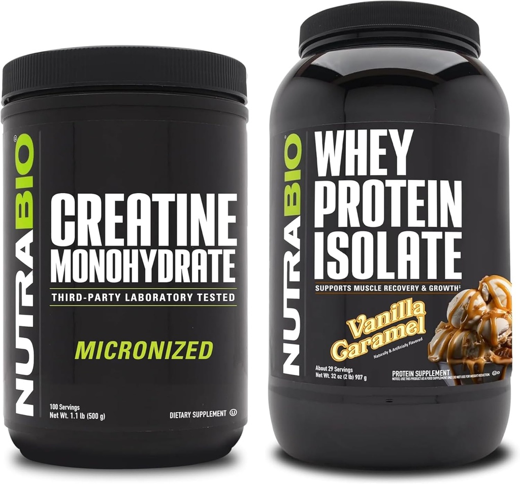 NutraBio Creatiini Monohydraatti, Mautonta, 500g ja Whey Protein Isolate, Vanilla Caramel, täydennysosa Bundle - Lihasenergia, Lean lihasten kasvu, elpyminen, ja vahvuus