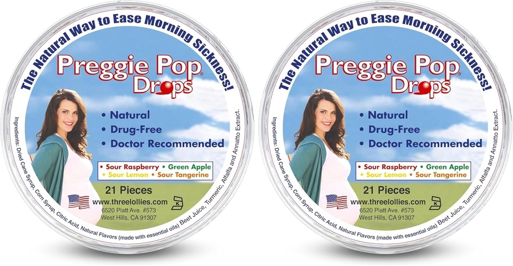 Kolme Lollies Preggie Pop Drops - 21 Drops - Aamu Sairauden helpotus raskauden aikana - turvallinen raskaana Äiti & Vauva - Gluteeniton - Neljä Makuja: Sitruuna, Vadelma, Vihreä omena, Tangeriini (paketti 2)