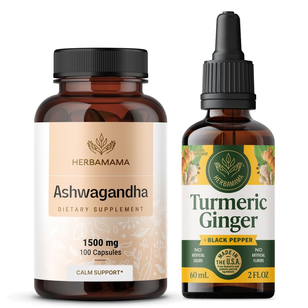 HERBAMAMA Ashwagandha ja Turmeric Inkivääripakkaus - 1 500 mg: n pussi Ashwagandha- juurikapseleita & Turmeeric Inkivääri Tincture 2 fl oz - Vegaani, muu kuin GMO: t, sokeri ja alkoholiton - 2 pakkaus