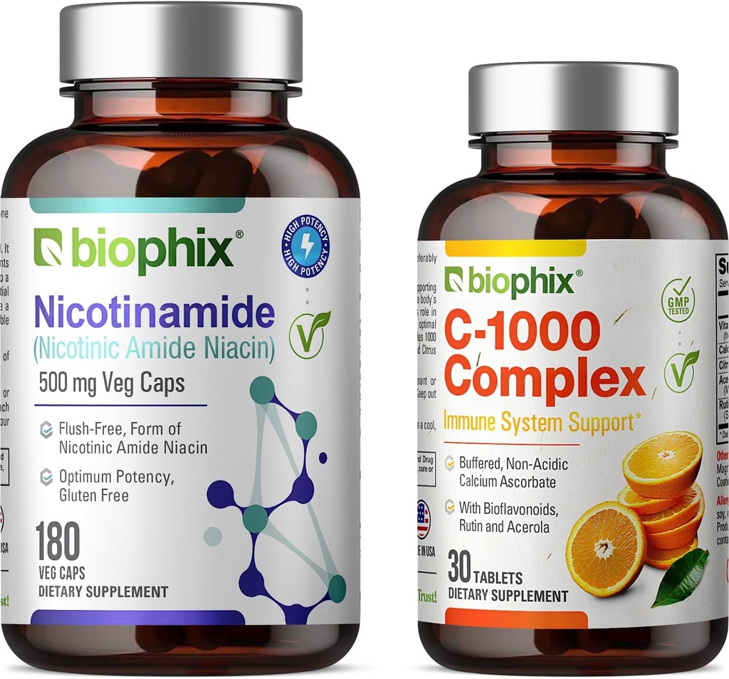 biophix B-3 Nikotinamid 500 mg 180 Vcaps - Gratis vitamin C-1000 30 tabletter - Nikotin Amide Niacin Natural Flush-Free Vitamin Formel - Stöder hudcellhälsa