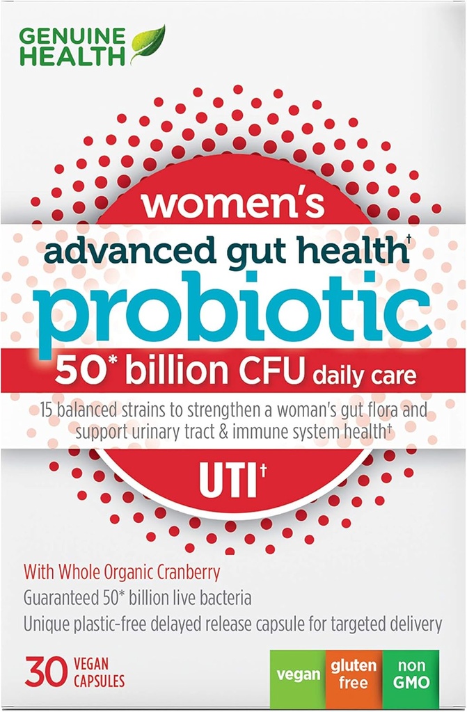 Genuine Health Women's Daily Probiotic för UTI Support, hjälper till att främja en hälsosam urinväg, multi-strain, organisk formel med kranbär, 30 kapslar