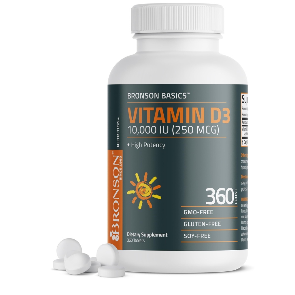 Bronson-vitamiini D3 10 000iu (250 mcg) 1 vuosi tarjonta terveen lihasten toimintaa ja immuunitukea, ei-GMO, 360 tablettia