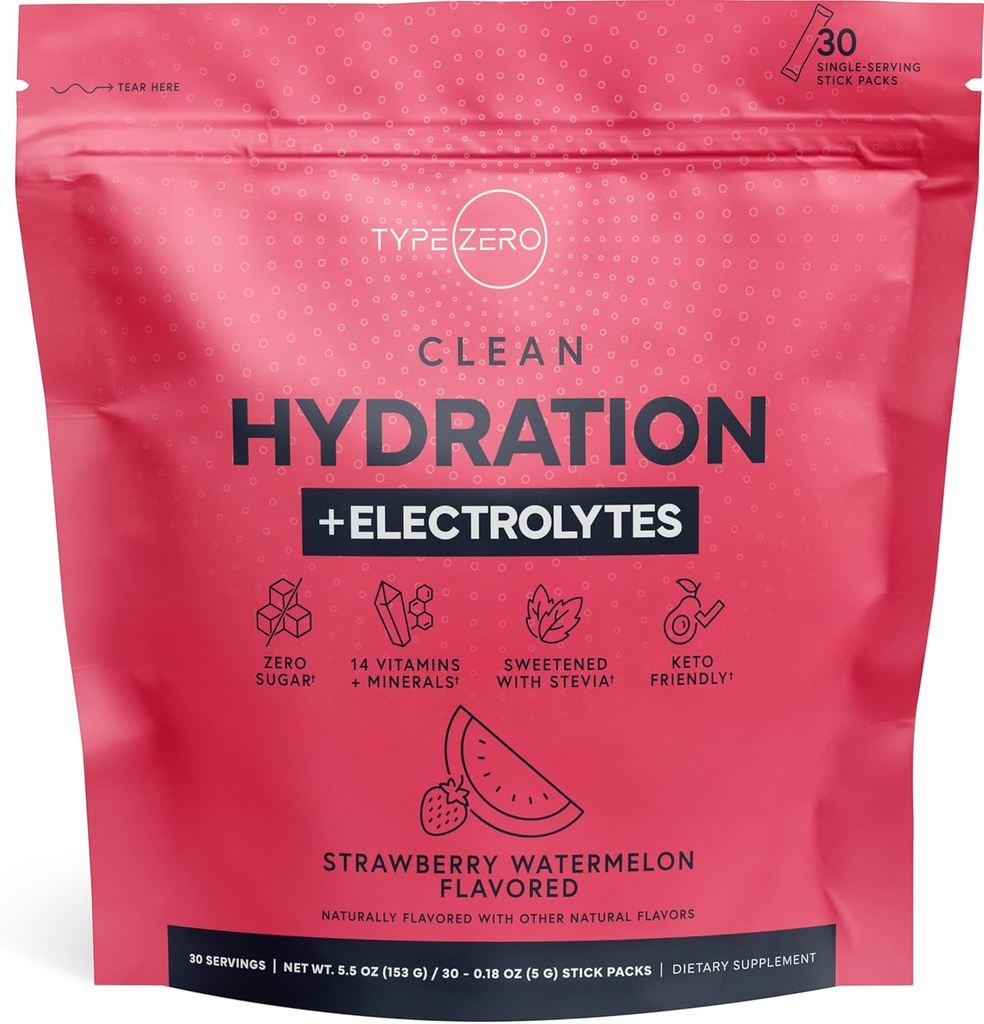 Tyyppi Zero Clean Hydration + Electrolytes Drink Mix (30 yhden sekvenssipakkaukset) - Advanced Hydration any Occasion (Strawberry Watermelon)