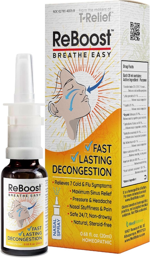 ReBoost Breathe Easy Decongestion Nasal Spray Fast-Acting Cold & Flu Symptom Relief Natural Homeopathic Ingredients Hjälp Calm Congestion, Headache & Sinus Pressure - 0,68 oz
