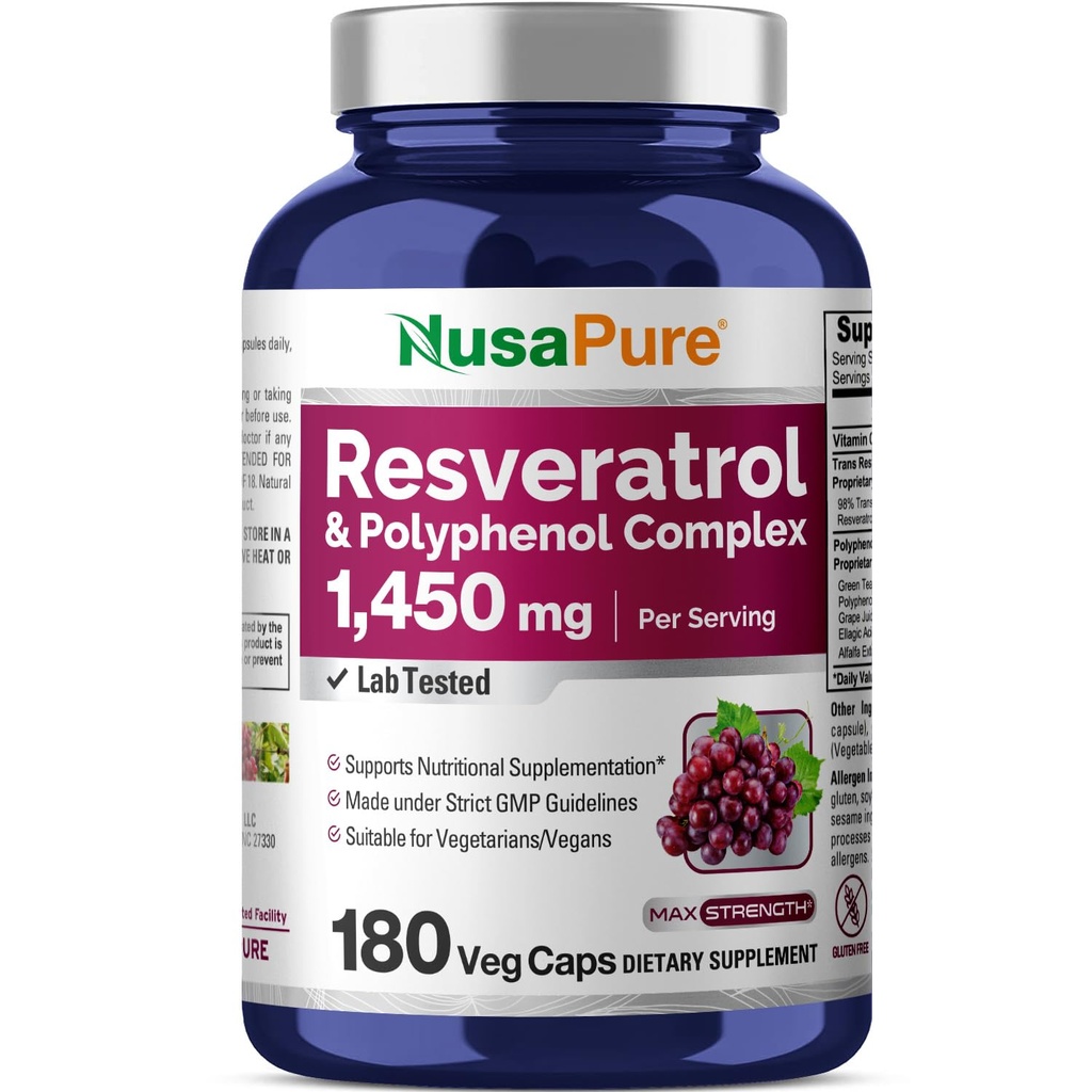 NusaPure Resveratrol & Polyphenol Complex 1450 mg 180 Kasvissyöjä Caps (ei-GMO, Vegan) C-vitamiini