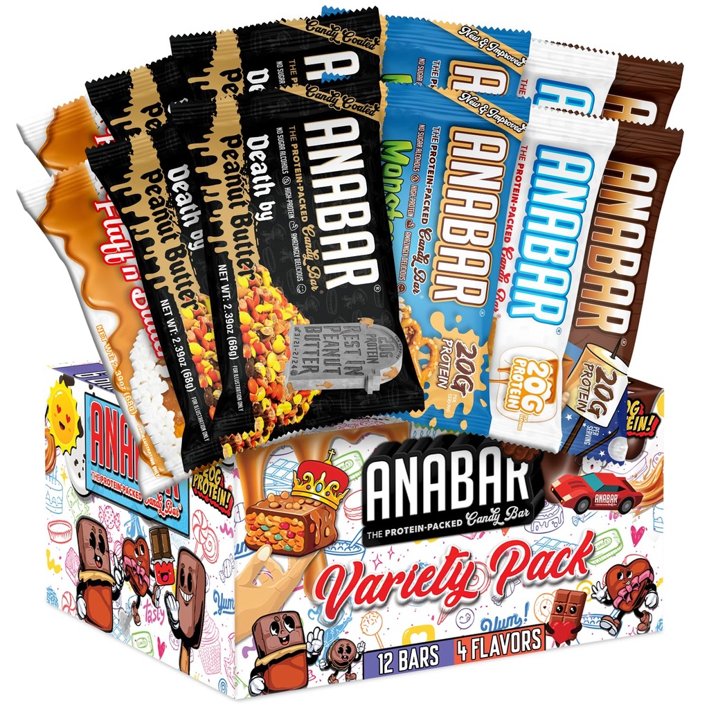 Anabar Protein Bar, Proteiinilla pakattu Candy Bar, Maailman paras maistaa proteiini Bar, Ei sokeria alkoholit, korkea proteiini, hämmästyttävän herkullinen, 20 grammaa proteiinia (12 Bars, Variety Pack)