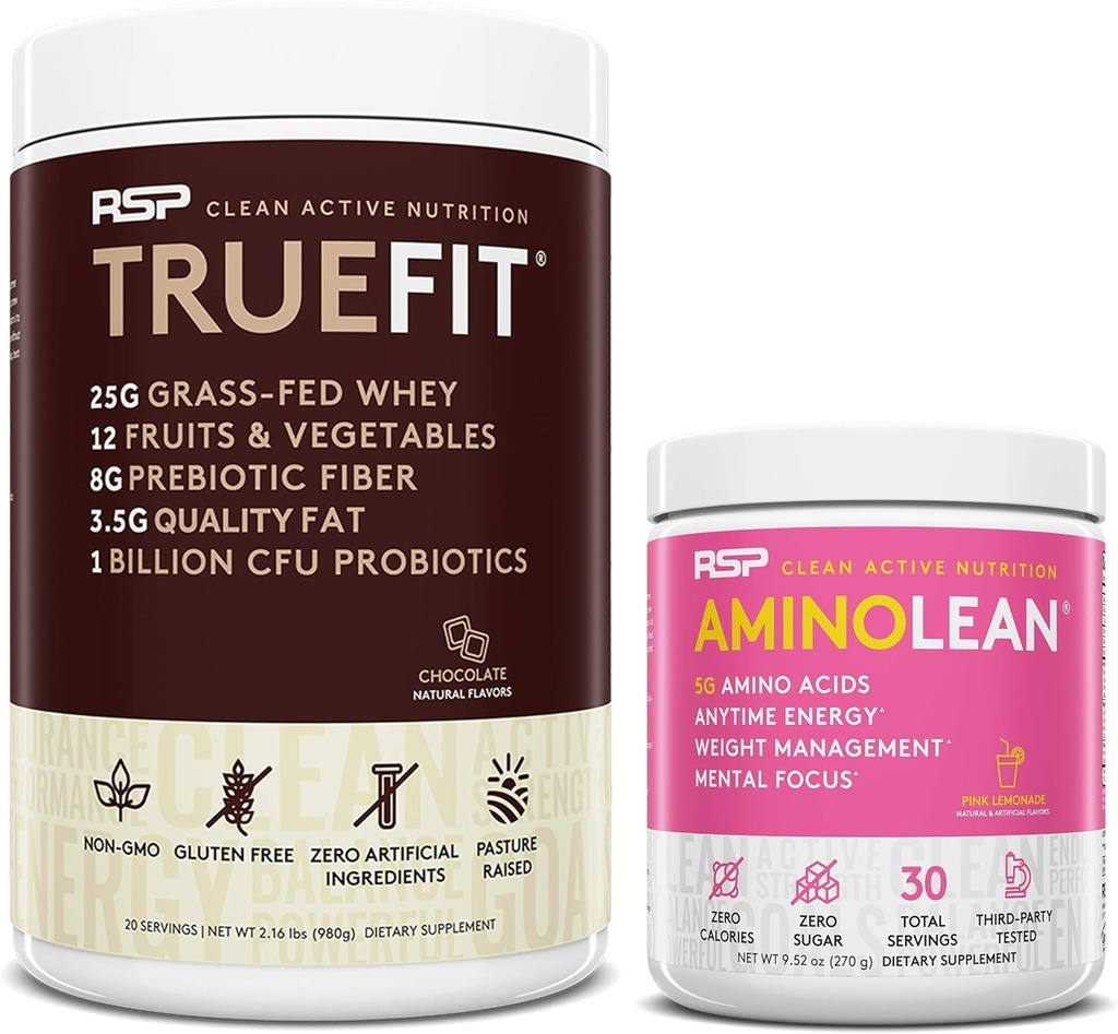 RSP NUTRITION AminoLean Pre harjoitus energia (Pink Lemonade 30 Servings) kanssa TrueFit proteiinijauhe (suklaa 2 LB)