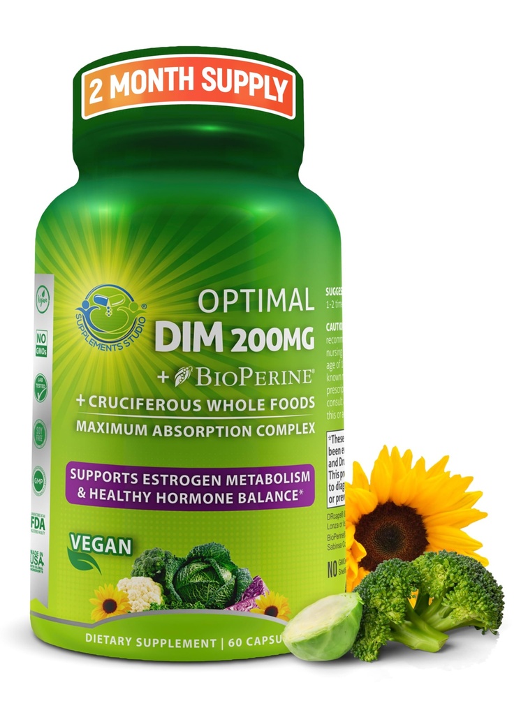 Optimal DIM 200mg täydennysosa naisille ja miehille - valmistettu orgaanisista koko elintarvikkeiden - Estrogeeni & Hormonitasapaino tuki diindolyylimetaani Complex - maksimaalinen imeytyminen Viivästyneet- release kapselit - 60