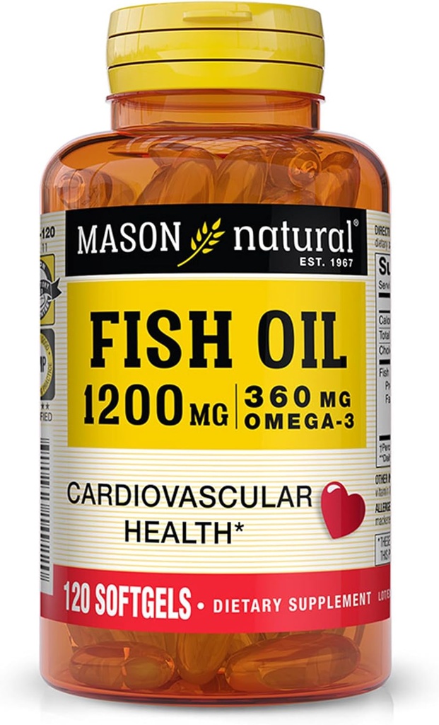 MASON NATURAL Fish Oil 1 200 mg Omega-3 360 mg - Terve sydän, tukee Circulatory Function, parantaa sydän- ja verisuoniterveyttä, 120 Softgels