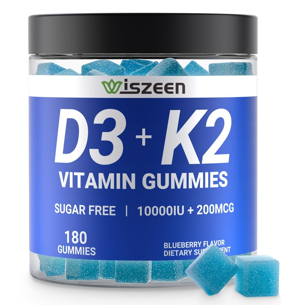 Sokeriton D3-vitamiini, K2-vitamiinit, D3-vitamiini 10 000iu ja K2-vitamiini(MK7) 200 mcg kalsiumin, magnesiumin ja B12-vitamiinin kanssa luunlihashampaissa Immuuni, vegan