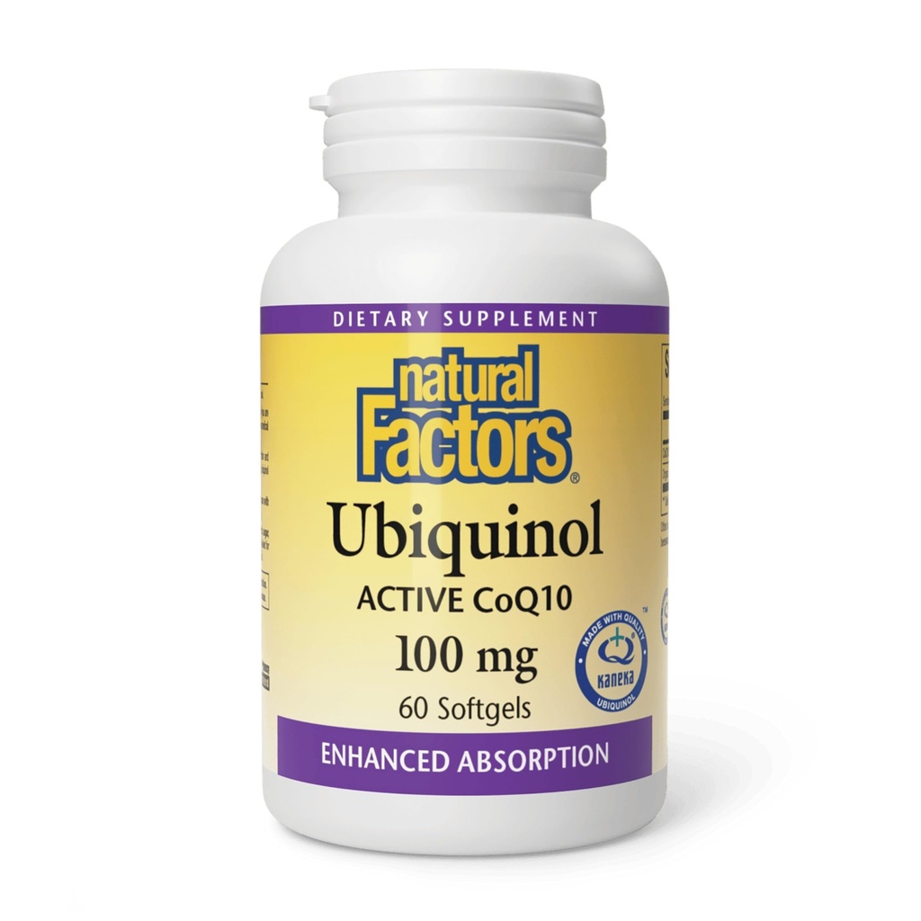 Natural Factors Ubiquinol 100 mg - Tukee Heart Health & Natural Vitality - Antioksidantti Support Superior Imeytyminen - Energiatuki pellavansiemenöljy - 60 Softgels (60 Servings)