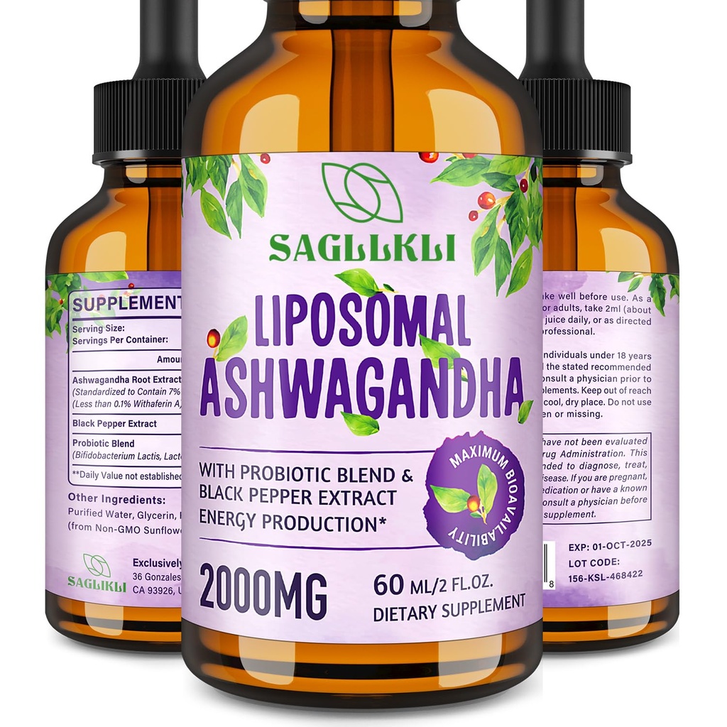 Liposomal Ashwagandha Liquid Drops 2000mg, Ashwagandha juuriuute Supplement (7% Withanolides) Black Pepper Extract & Probiootit Focus, Cognition & Energy - 2 FL.OZ (1 pullo)