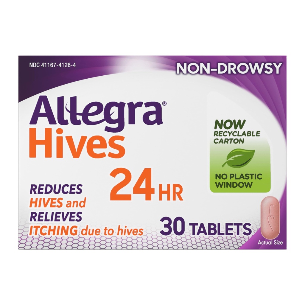 Allegra Hives Antihistamiini 24 tunnin tabletit, ei-huokoinen pesän reduction ja pesän kutina, 180 mg Fexofenadiini HCI, 30- Count