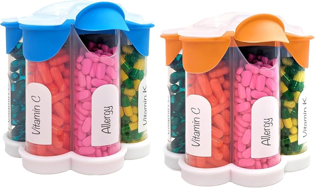 Extra Large Pill Organizer Daily, Weekly, Monthly Supplement Bottle, Cute Blossom Pill Dispenser med 7 XL Compartments (2 Pack Combo) (Light Blue och Orange)