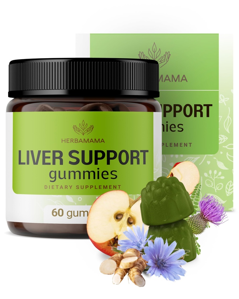 HERBAMAMA Liver Support Gummies - Herbal Complex för Liver Detox och Cleanse - Vegan, Non-GMO Overall Support Supplement - 60 Pectin-Based Apple-Flavored Chews