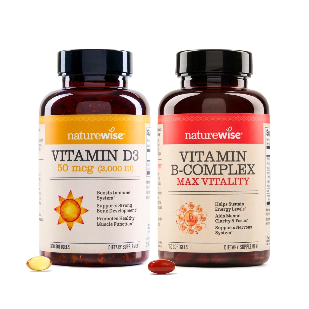 NatureWise D3 2000iu 360 Count ja B-vitamiini Complex 150 Softgels - Terve lihaksen toiminta, Immuunituki, soluihin energia, mielen selvyys
