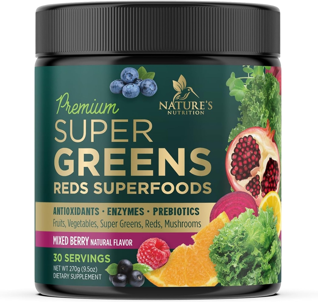 Vihreät Superfood Powder Drink Mix - Vihreät lisäravinteet Blend for Energy & Gut Health - Organic Wheat Grass, Spirulina, Klorella, Dgestive Enzymes Antioksidantti & Kuitu - Berry Flavor, 30 tarjoilua