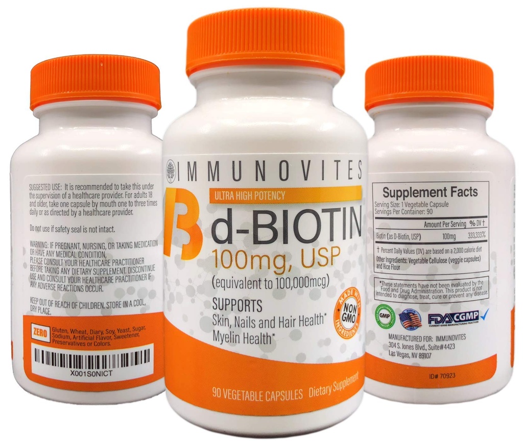 IMMUNOVITES 3-Pack High Dose Biotin (som d-Biotin, USP) 100mg (ekvivalent till 100.000mcg) 90 kapslar, hög styrka (3)