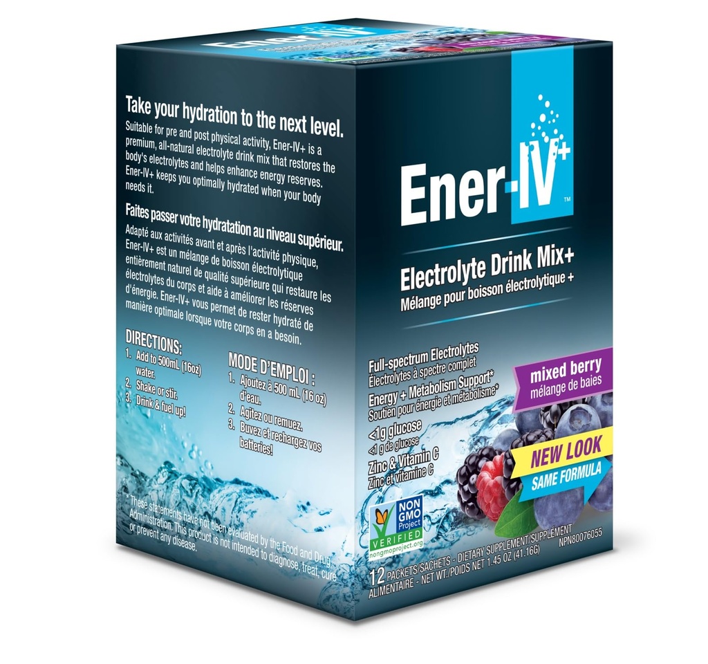 Ener-IV Electrolyte Hydration & Energy Drink Potassium Vitamin C & Zink Electrolytes Powder Packets - Muscle Recovery & Immunity Sport Drinks för kvinnor och män Low Sugar Vegan, Mixed Berry - 12 Count