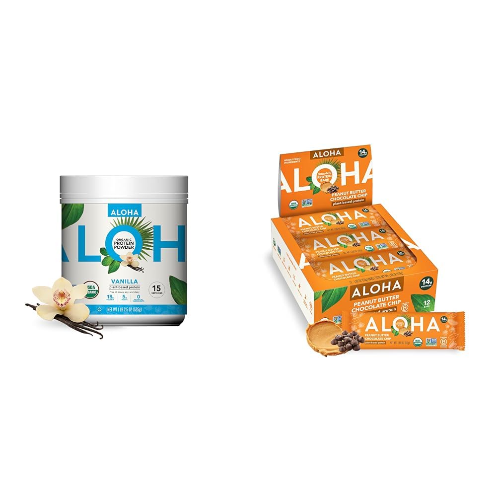 ALOHA Organic Plant-Based Protein Powder Vanilla 19.6oz, Proteiini Bars Maapähkinävoi suklaa Chip 1,98oz pakkaus 12 Bundle