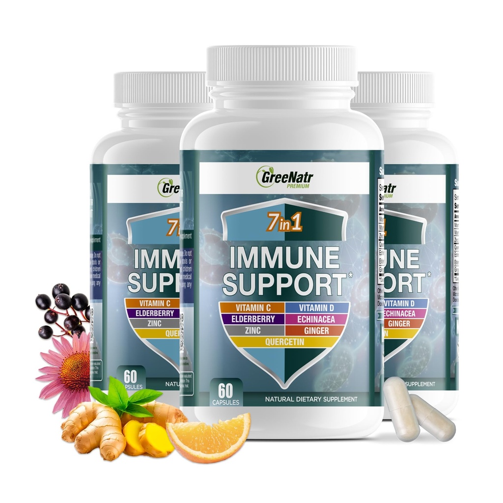 GreeNatr Immuunituki täydentää C-vitamiini, D3, Sinkki 50 mg, Quercetin, Echinacea Purpurea, Sambucus Elderberry ja inkivääri täydellisen immuunipuolustus - 60 kapselia (3 pullo)