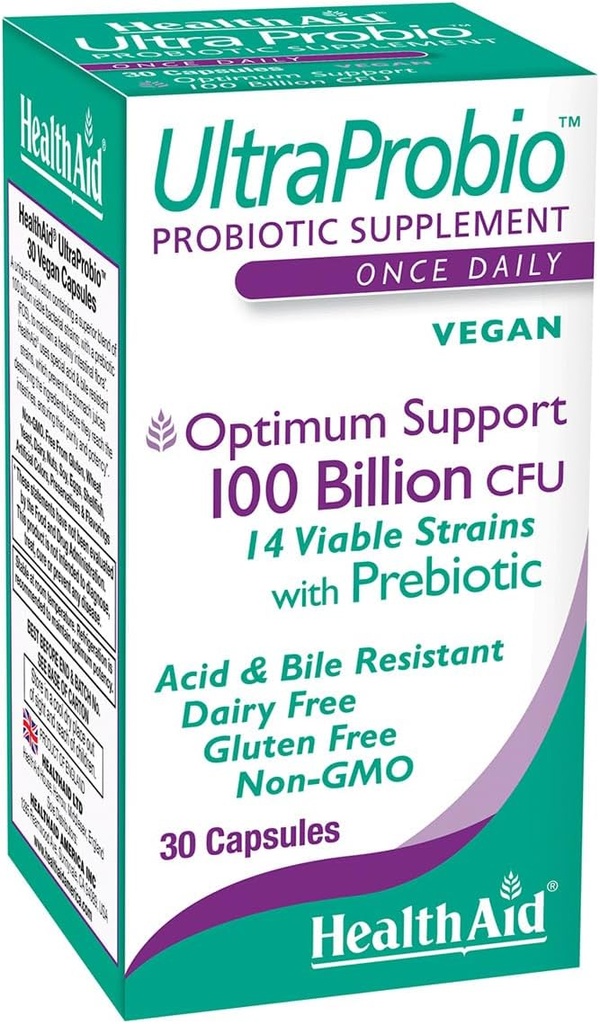 HealthAid UltraProbio, 100 miljarder 30ct Once Daily Capsules, Optimum Support, 100 miljarder med prebiotisk, syra och bilresistent, icke-GMO