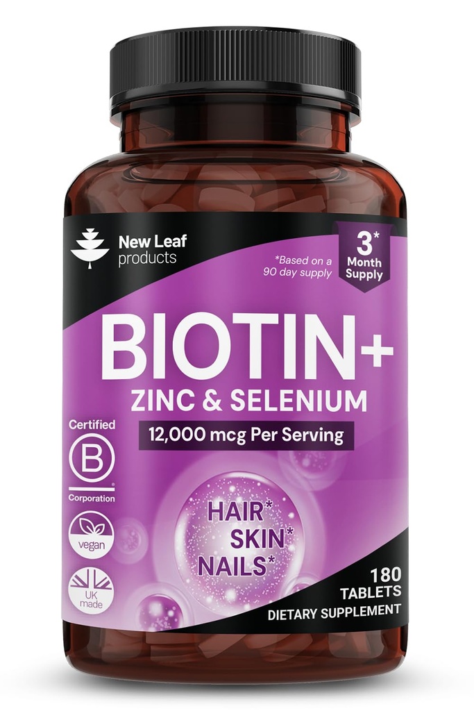 Biotiini hiusten kasvu vitamiinit 12000mcg korkea vahvuus Coconut Oil - edistää terveet hiukset iho ja kynnet - Biotiini vitamiineja naisille & miehet Vegaani, Gluteenittomat lisäravinteet - valmistettu Isossa-Britanniassa New Leaf