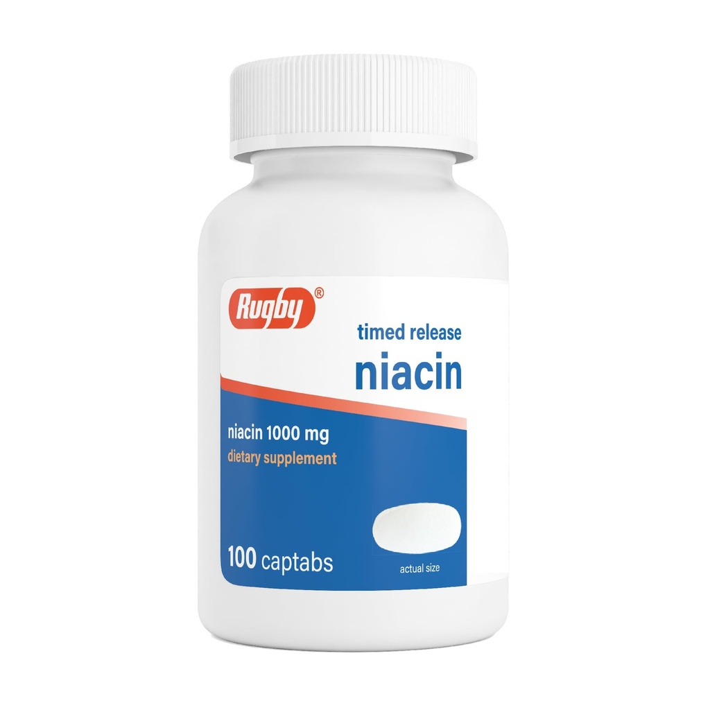 Rugby Timed-Release Niacin 1000mg Kosttillskott för vuxna för energi, cirkulation och Metabolism Support, 100 Captabs (Pack av 1)