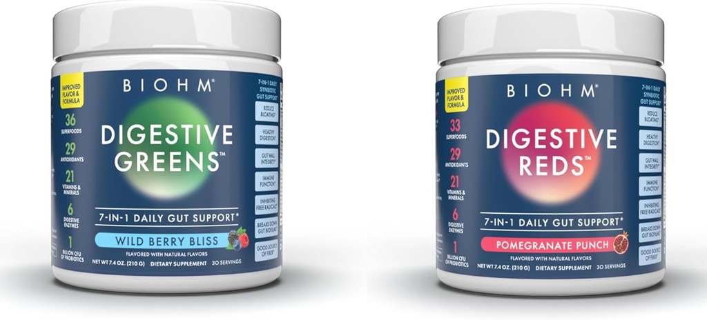 BIOHM Essential Bundle, Dgestive Reds and Greens, Superfood Powder, Antioksidantit, Vitamiinit, Probiootit, Ruoansulatusterveys miesten ja naisten, Digestio täydentää Enzymes, 30 Tarjoilut Each